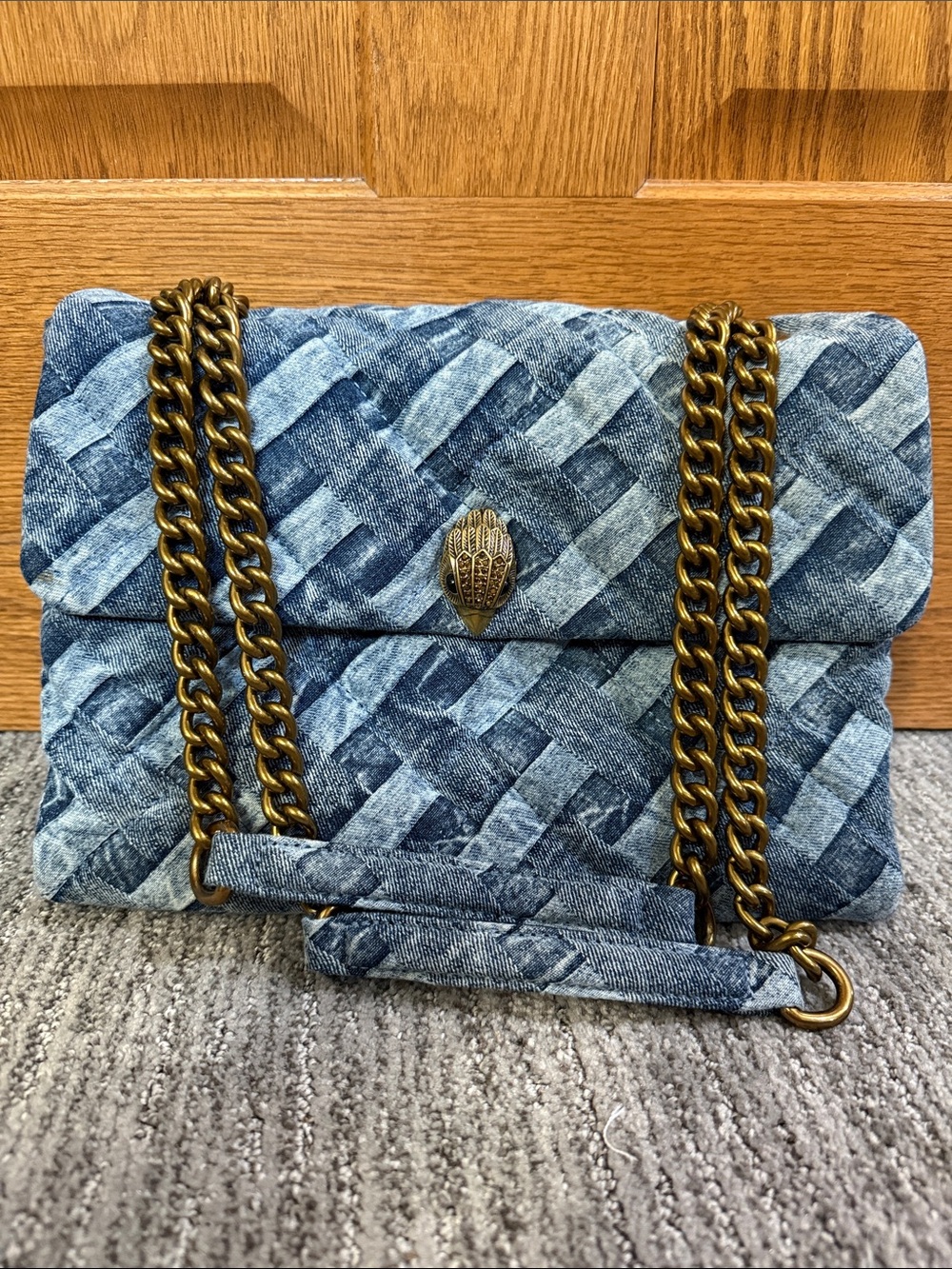 Kurt Geiger Kensington Quilted Denim Shoulder Bag with Antique Gold Hardware